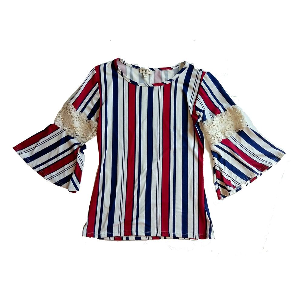 Women's Striped Top Size Medium Bell Sleeves Red Cream Blue HEY Collection